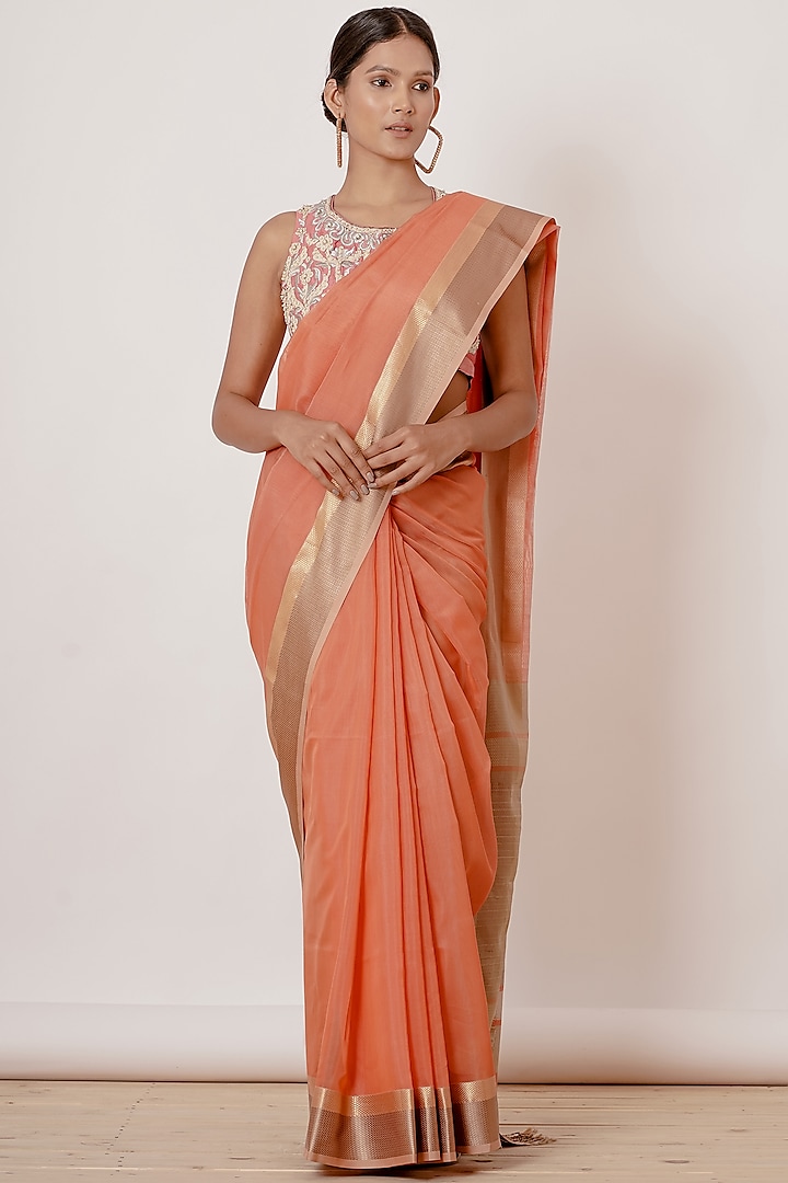 Coral Pure Handwoven Chanderi Saree Set by Aharin India