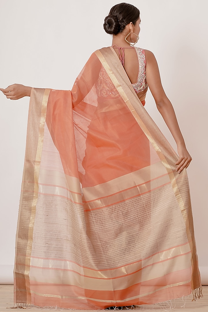 Coral Pure Handwoven Chanderi Zari Border Wedding Saree Set by Aharin India at Pernia's Pop Up Shop