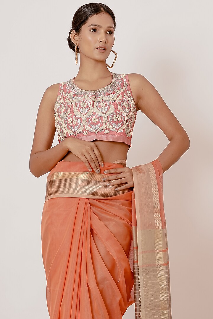 Coral Pure Handwoven Chanderi Zari Border Wedding Saree Set by Aharin India at Pernia's Pop Up Shop