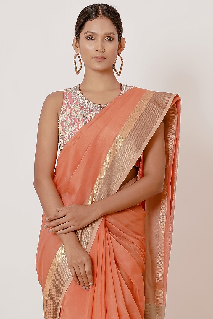 Coral Pure Handwoven Chanderi Zari Border Wedding Saree Set by Aharin India at Pernia's Pop Up Shop