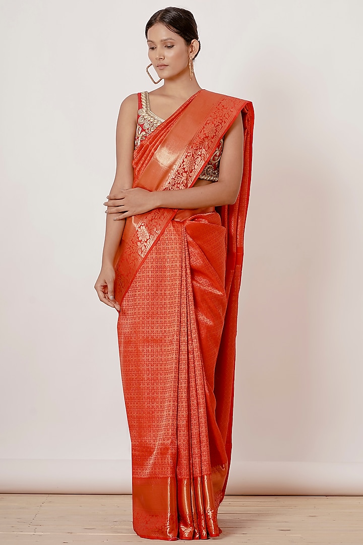 Red Pure Dharmavaram Silk Zari Saree Set by Aharin India