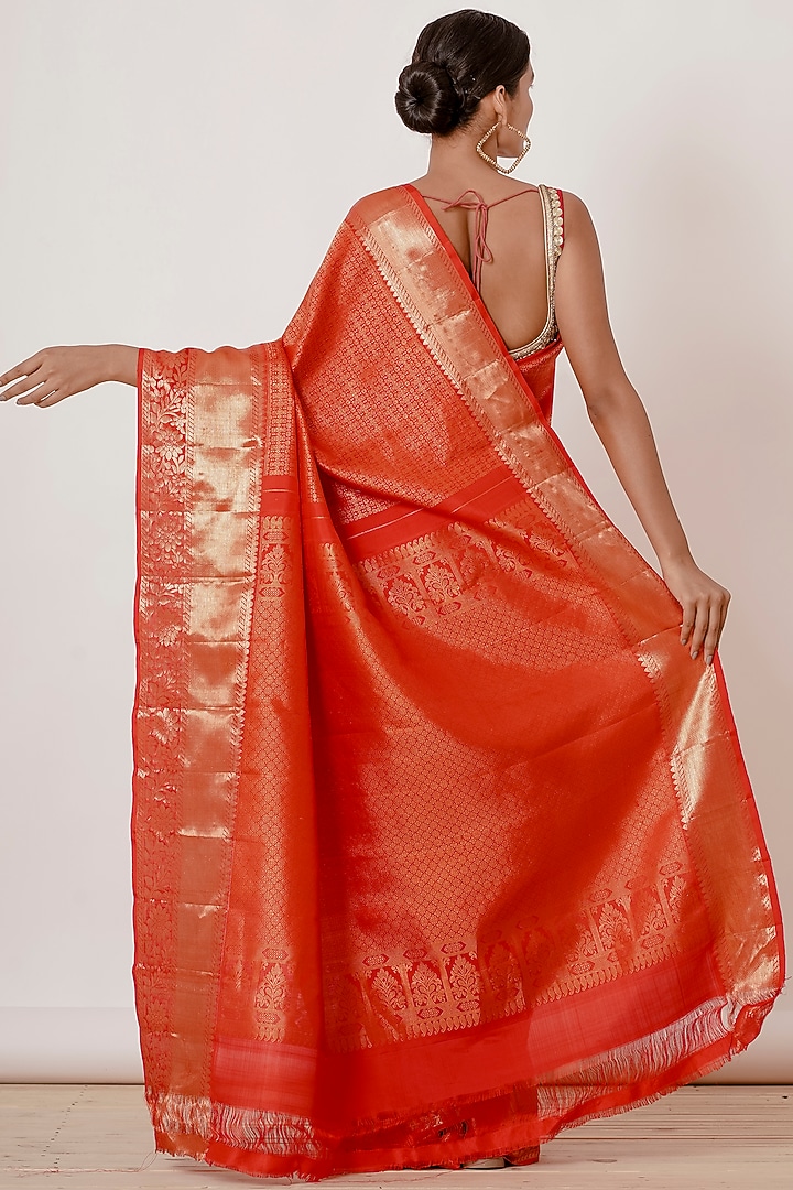 Red Pure Dharmavaram Silk Zari Wedding Saree Set by Aharin India at Pernia's Pop Up Shop