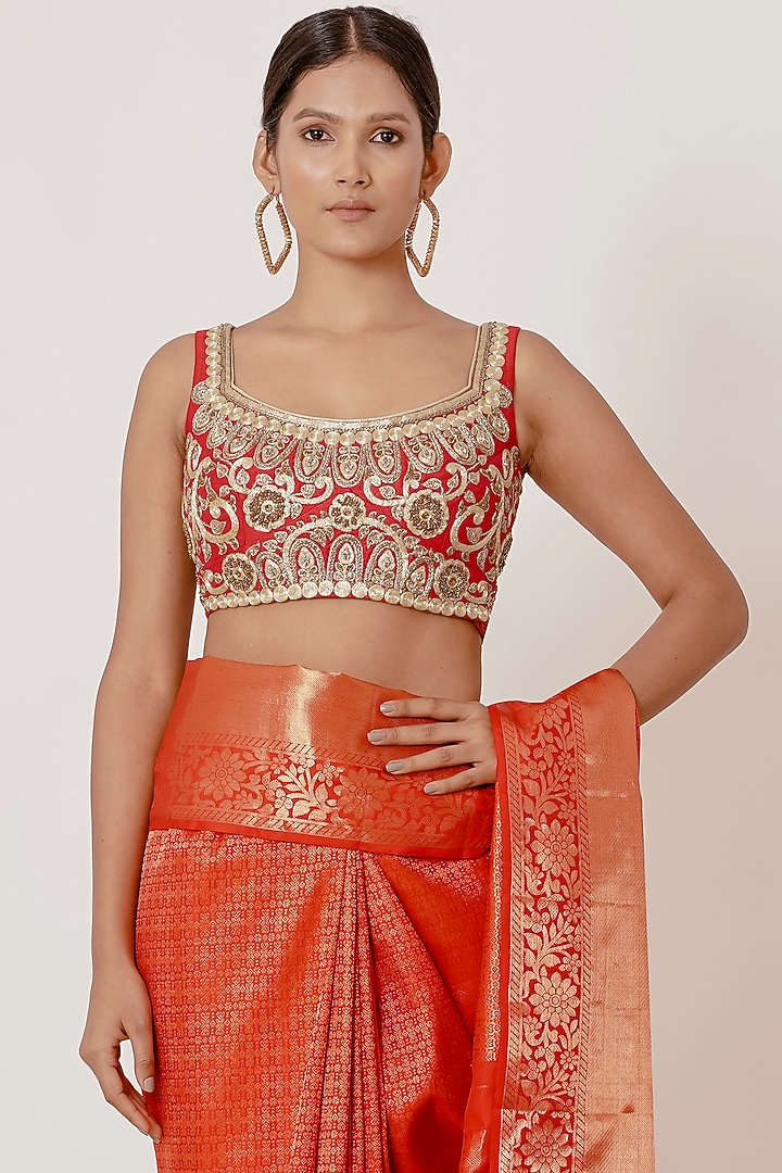 Red Pure Dharmavaram Silk Zari Wedding Saree Set by Aharin India at Pernia's Pop Up Shop