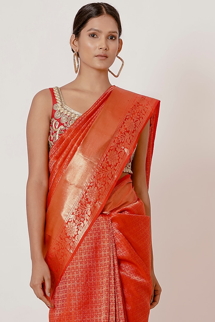 Red Pure Dharmavaram Silk Zari Wedding Saree Set by Aharin India at Pernia's Pop Up Shop