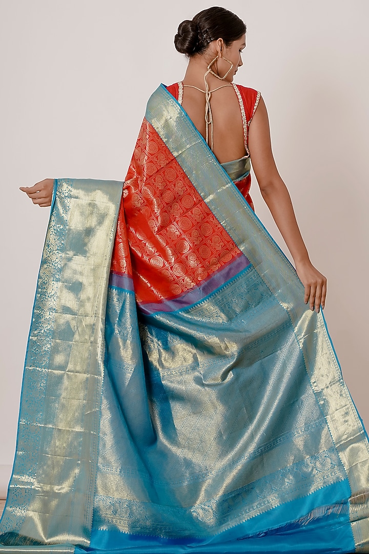 Red Pure Dharmavaram Silk Wedding Saree Set by Aharin India at Pernia's Pop Up Shop