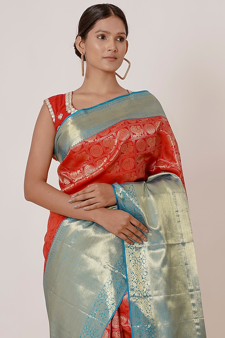 Red Pure Dharmavaram Silk Wedding Saree Set by Aharin India at Pernia's Pop Up Shop