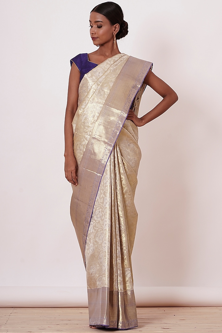 Ivory Pure Dharmavaram Silk Saree Set by Aharin India