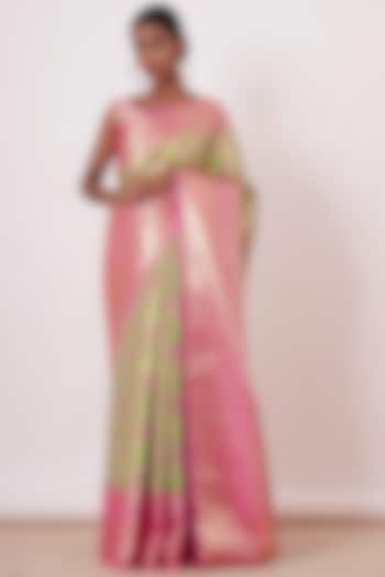 Lime Green & Pink Pure Dharmavaram Silk Saree Set by Aharin India