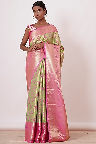 Lime Green & Pink Pure Dharmavaram Silk Saree Set by Aharin India