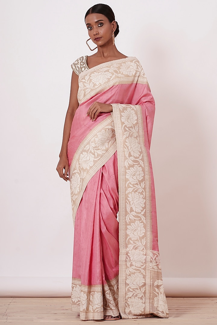 Onion Pink & Beige Dupion Banarasi Silk Saree Set by Aharin India