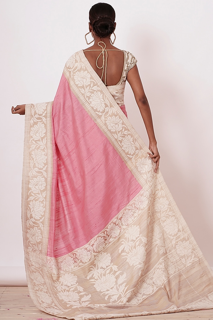 Onion Pink & Beige Dupion Banarasi Silk Wedding Saree Set by Aharin India at Pernia's Pop Up Shop