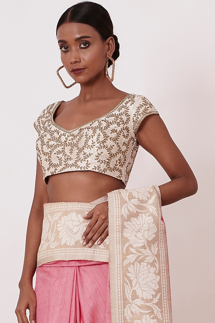 Onion Pink & Beige Dupion Banarasi Silk Wedding Saree Set by Aharin India at Pernia's Pop Up Shop
