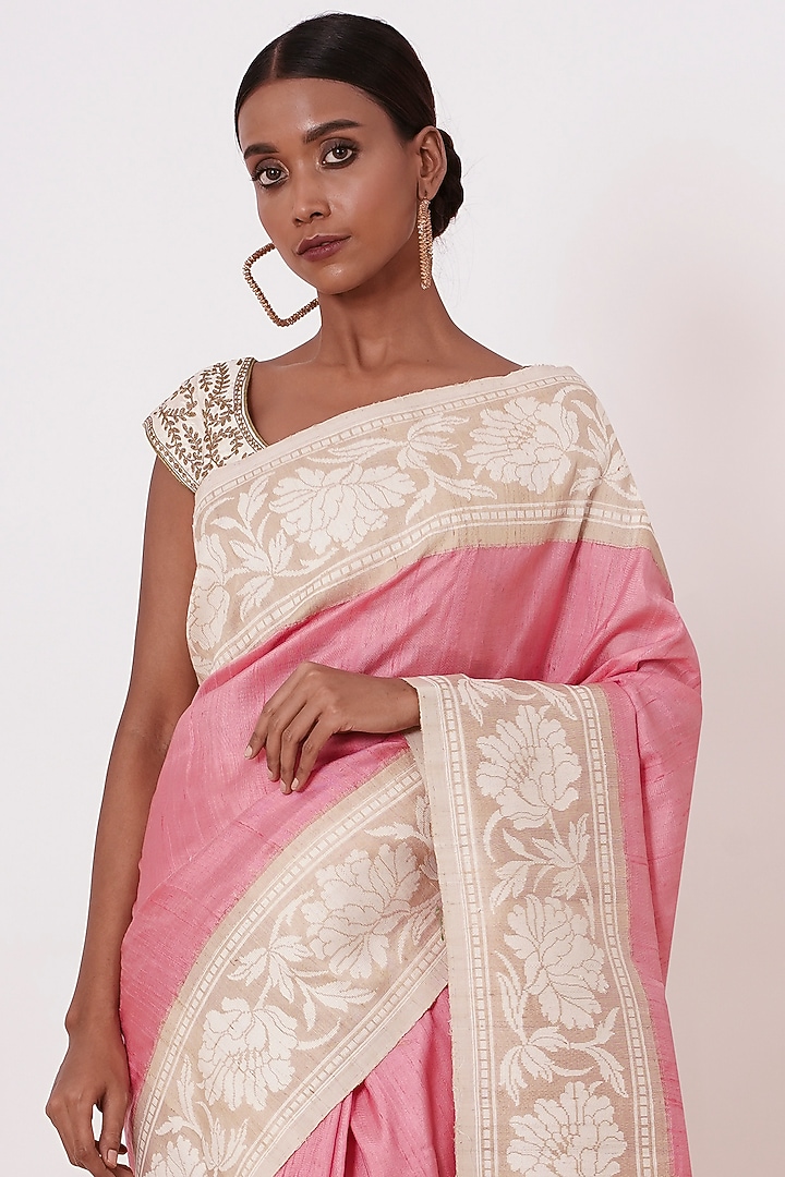 Onion Pink & Beige Dupion Banarasi Silk Wedding Saree Set by Aharin India at Pernia's Pop Up Shop