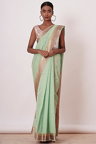Dusty Teal Pure Handwoven Chanderi Saree Set by Aharin India