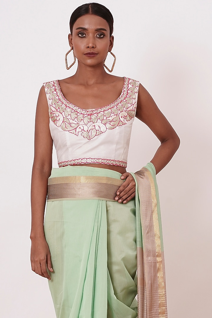 Dusty Teal Pure Handwoven Chanderi Wedding Saree Set by Aharin India at Pernia's Pop Up Shop