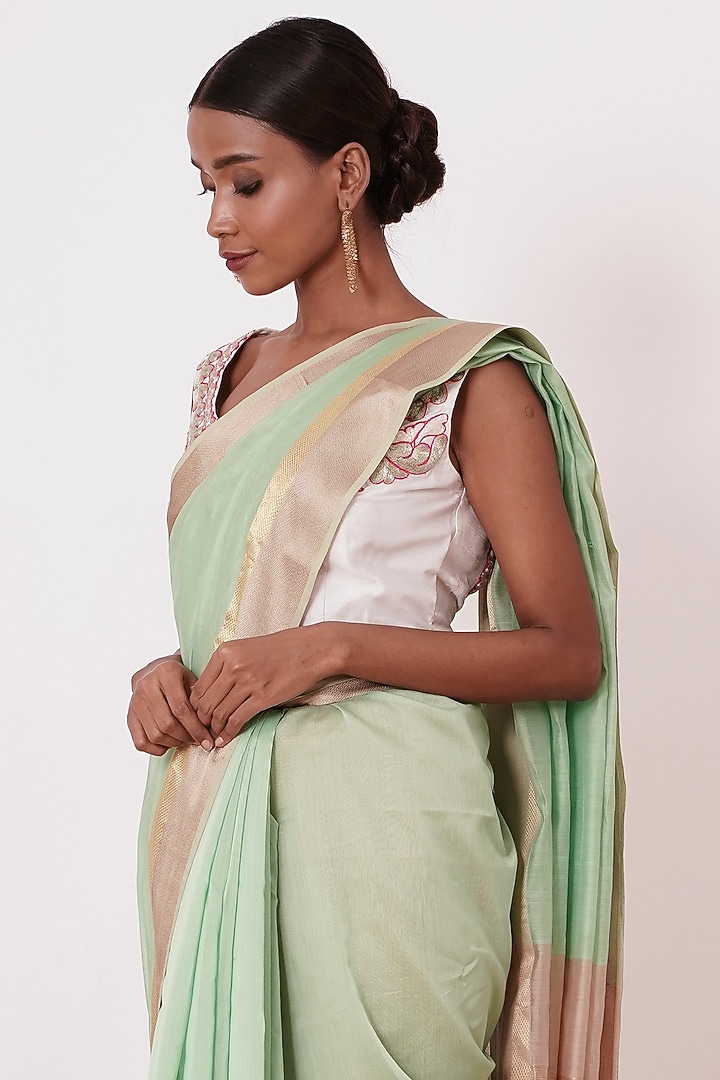 Dusty Teal Pure Handwoven Chanderi Wedding Saree Set by Aharin India at Pernia's Pop Up Shop