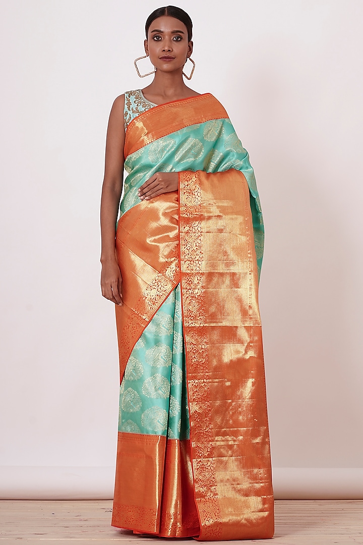 Turquoise & Red Dharmavaram Silk Saree Set by Aharin India