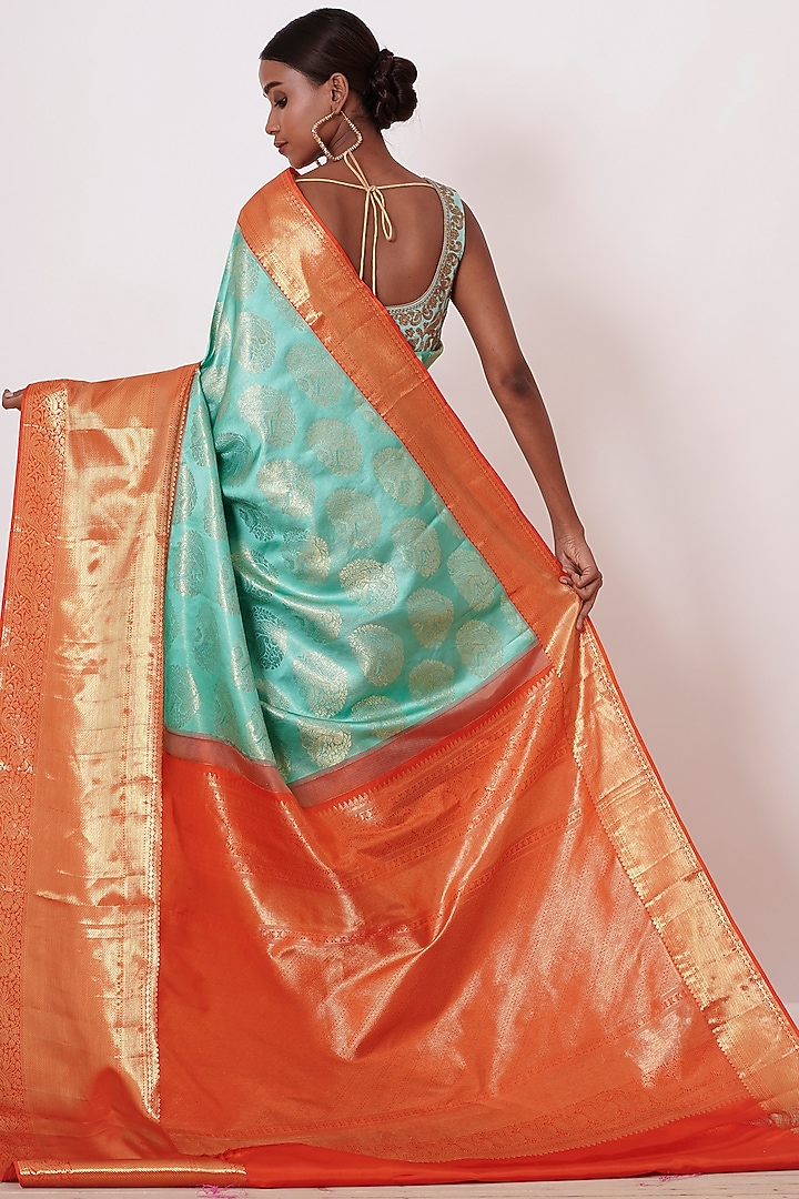 Turquoise & Red Dharmavaram Silk Wedding Saree Set by Aharin India at Pernia's Pop Up Shop