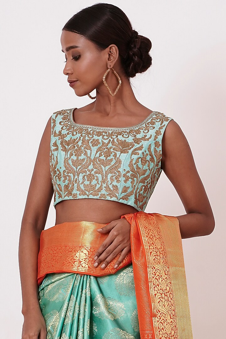 Turquoise & Red Dharmavaram Silk Wedding Saree Set by Aharin India at Pernia's Pop Up Shop