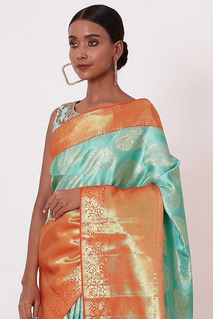 Turquoise & Red Dharmavaram Silk Wedding Saree Set by Aharin India at Pernia's Pop Up Shop
