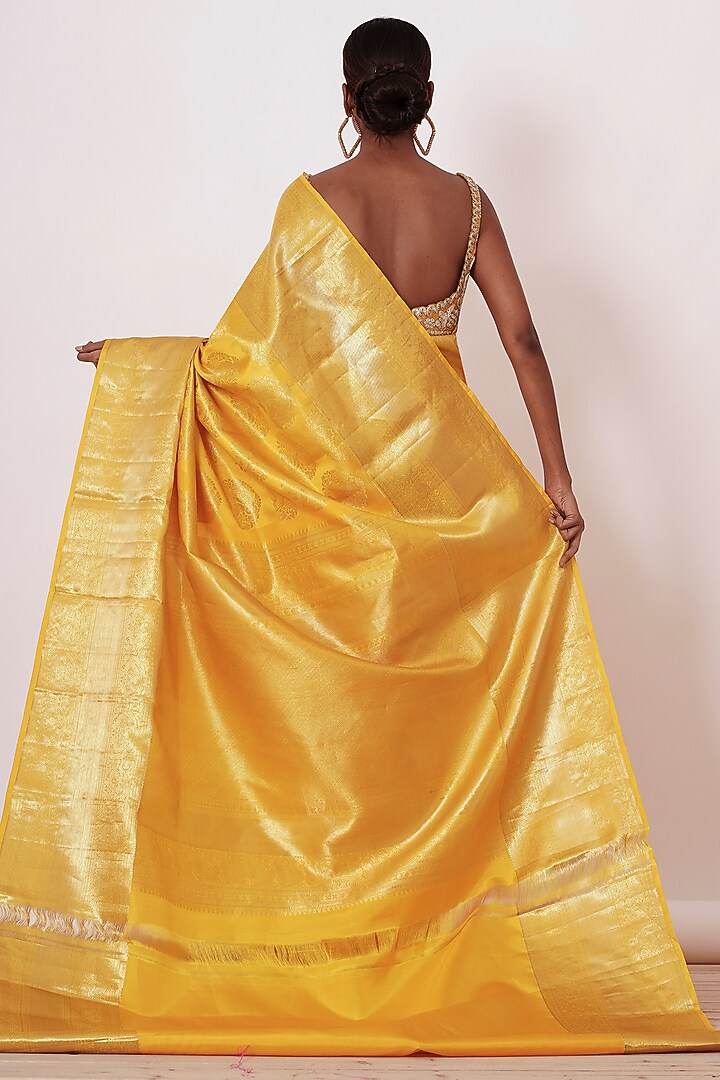 Royal Yellow Pure Dharmavaram Silk Wedding Saree Set by Aharin India at Pernia's Pop Up Shop