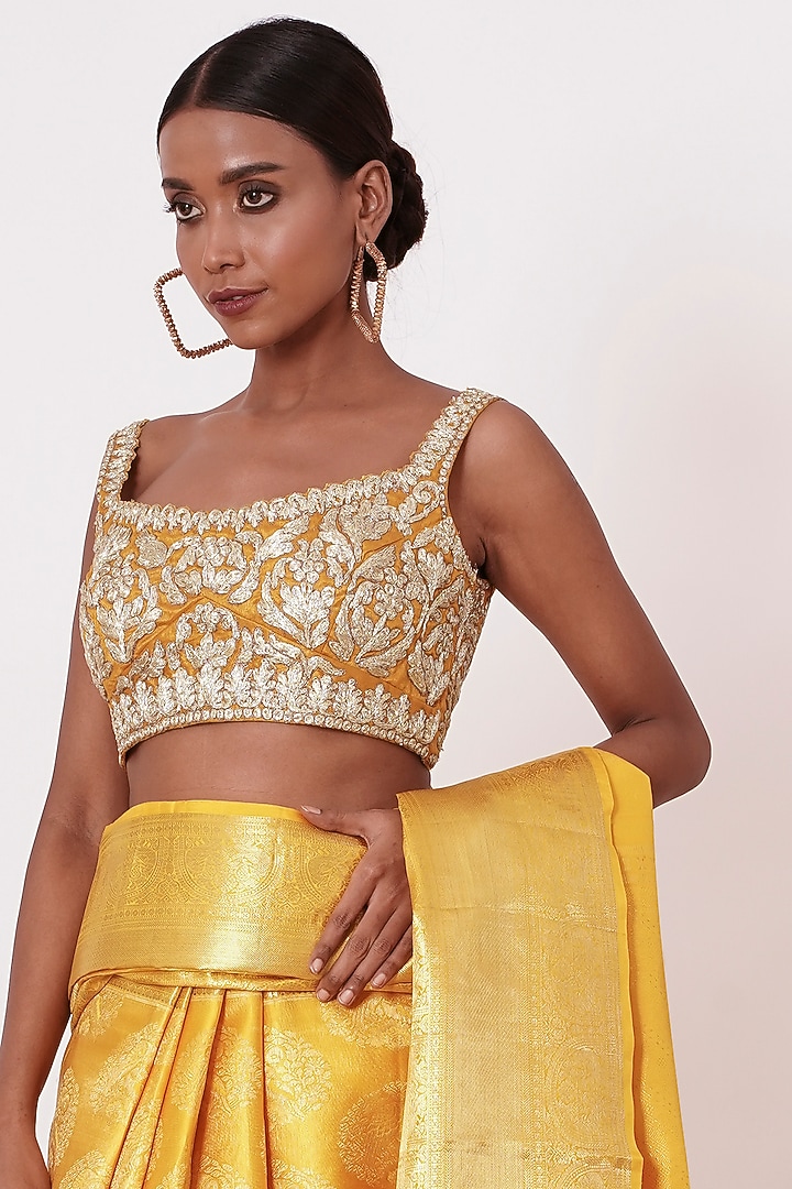 Royal Yellow Pure Dharmavaram Silk Wedding Saree Set by Aharin India at Pernia's Pop Up Shop