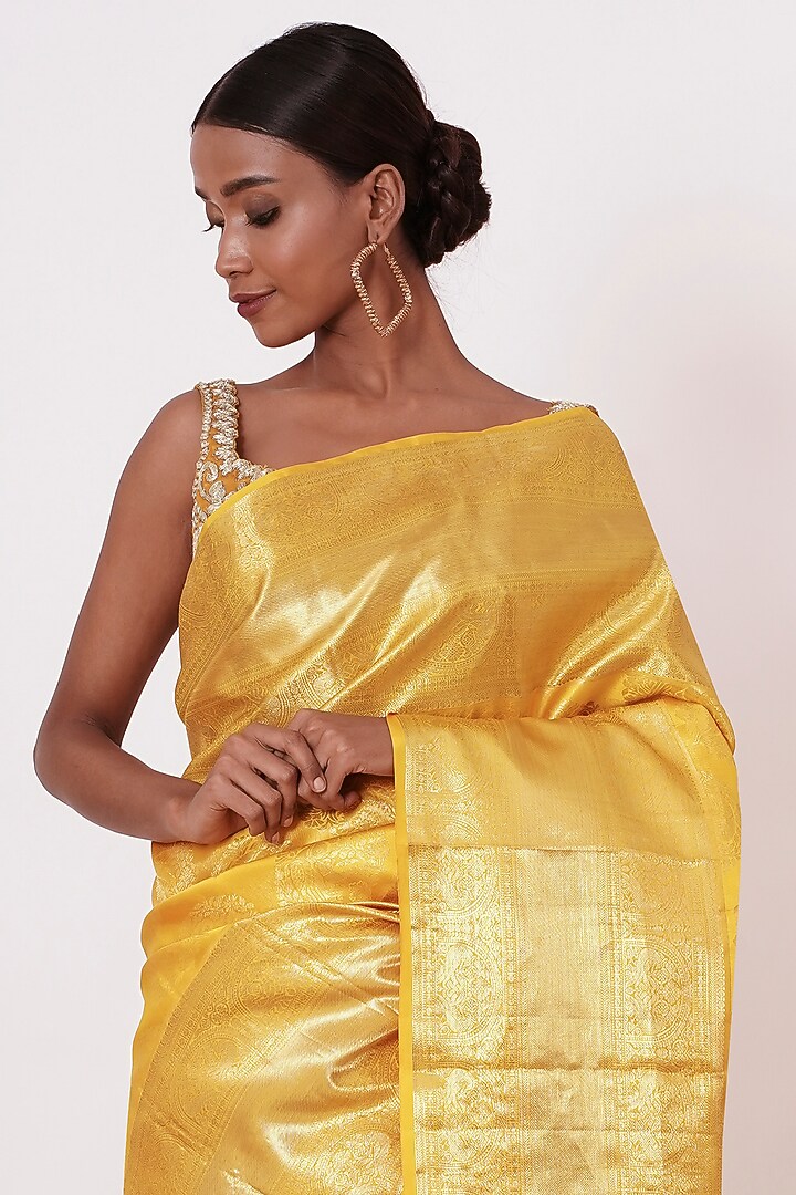 Royal Yellow Pure Dharmavaram Silk Wedding Saree Set by Aharin India at Pernia's Pop Up Shop