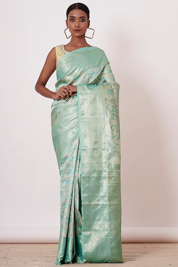 Turquoise Dharmavaram Silk Saree Set by Aharin India