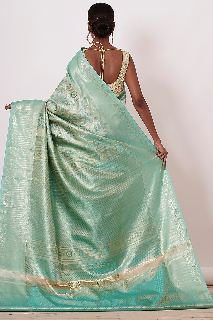 Turquoise Dharmavaram Silk Wedding Saree Set by Aharin India at Pernia's Pop Up Shop