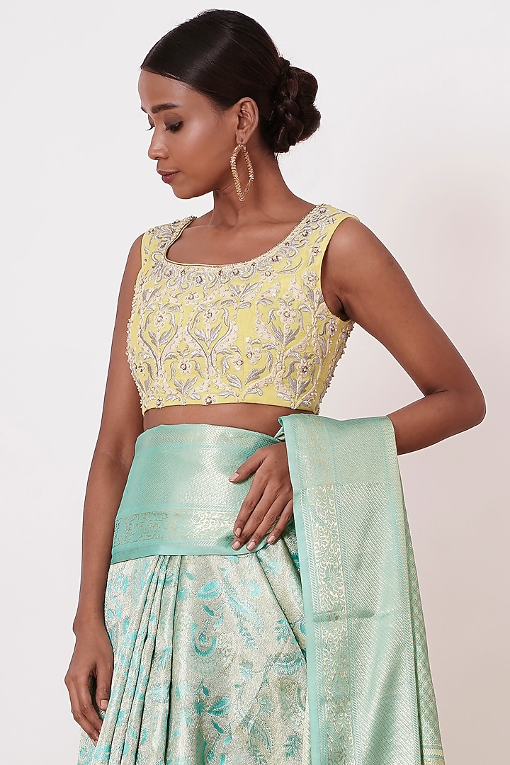Turquoise Dharmavaram Silk Wedding Saree Set by Aharin India at Pernia's Pop Up Shop