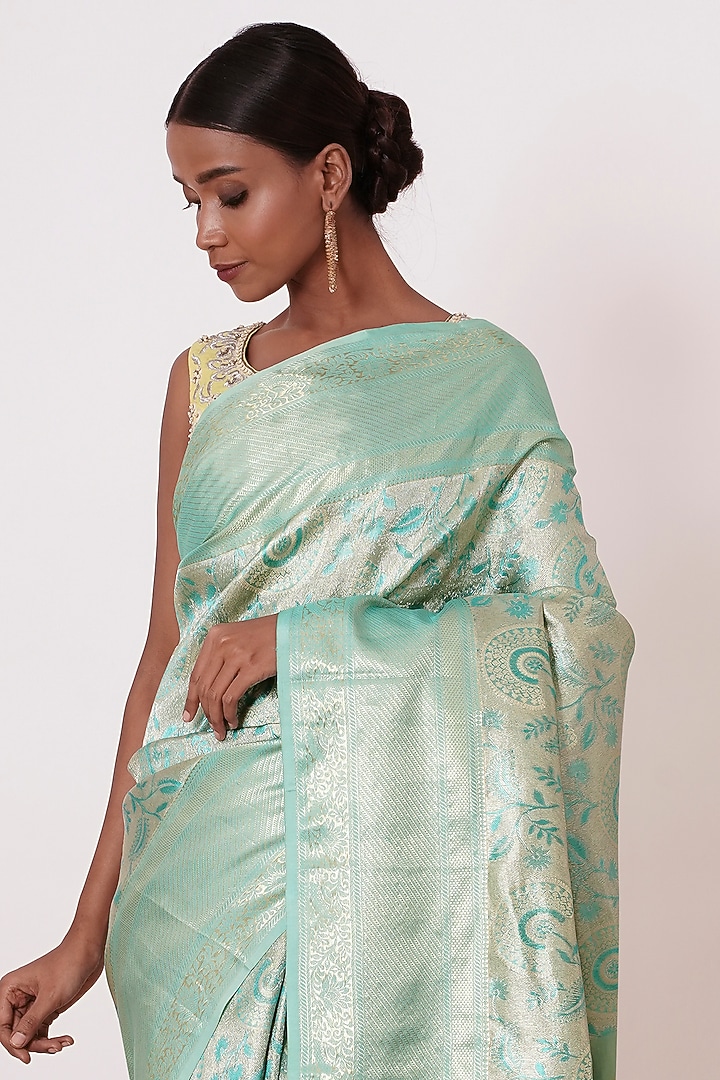 Turquoise Dharmavaram Silk Wedding Saree Set by Aharin India at Pernia's Pop Up Shop