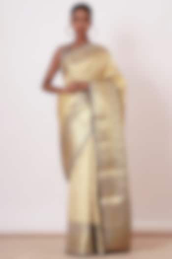 Gold & Ivory Silk Embroidered Handwoven Saree Set by Aharin India