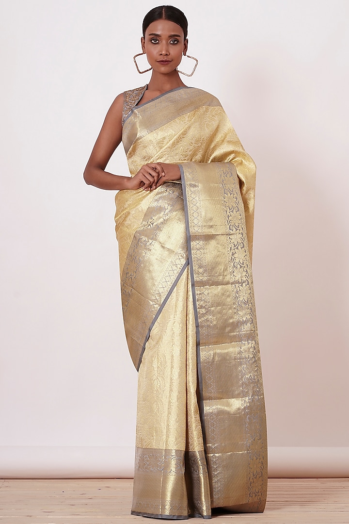 Gold & Ivory Embroidered Handwoven Saree Set by Aharin India