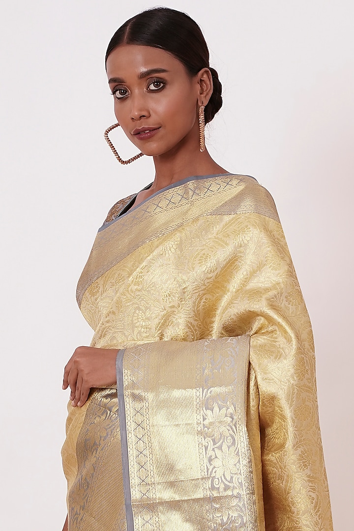 Gold & Ivory Silk Embroidered Handwoven Wedding Saree Set by Aharin India at Pernia's Pop Up Shop