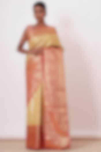 Beige Silk Zari Embroidered Handwoven Saree Set by Aharin India