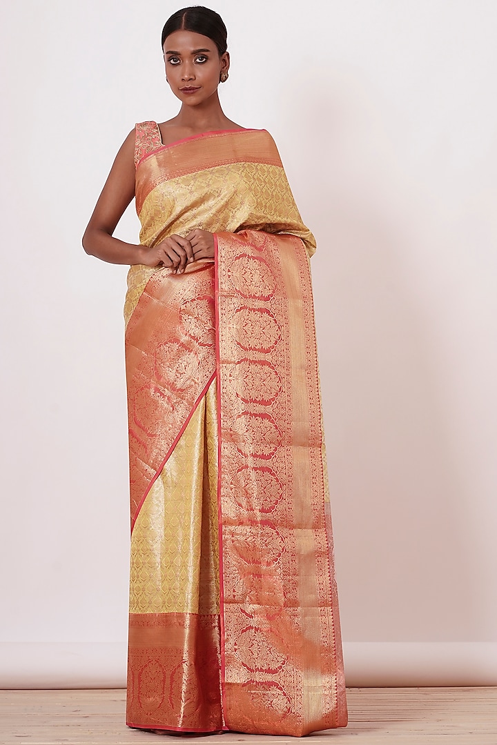 Beige Embroidered Handwoven Saree Set by Aharin India