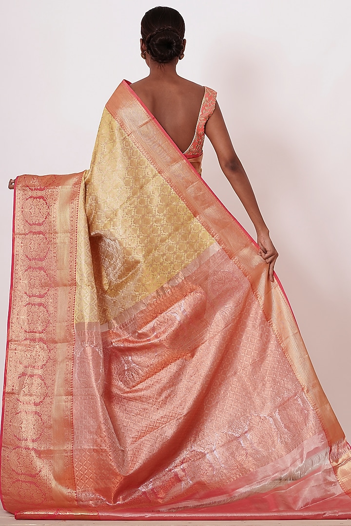 Beige Silk Zari Embroidered Handwoven Wedding Saree Set by Aharin India at Pernia's Pop Up Shop