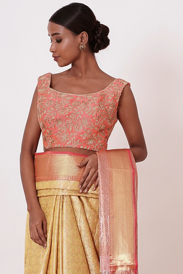 Beige Silk Zari Embroidered Handwoven Wedding Saree Set by Aharin India at Pernia's Pop Up Shop