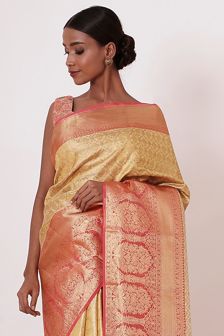 Beige Silk Zari Embroidered Handwoven Wedding Saree Set by Aharin India at Pernia's Pop Up Shop