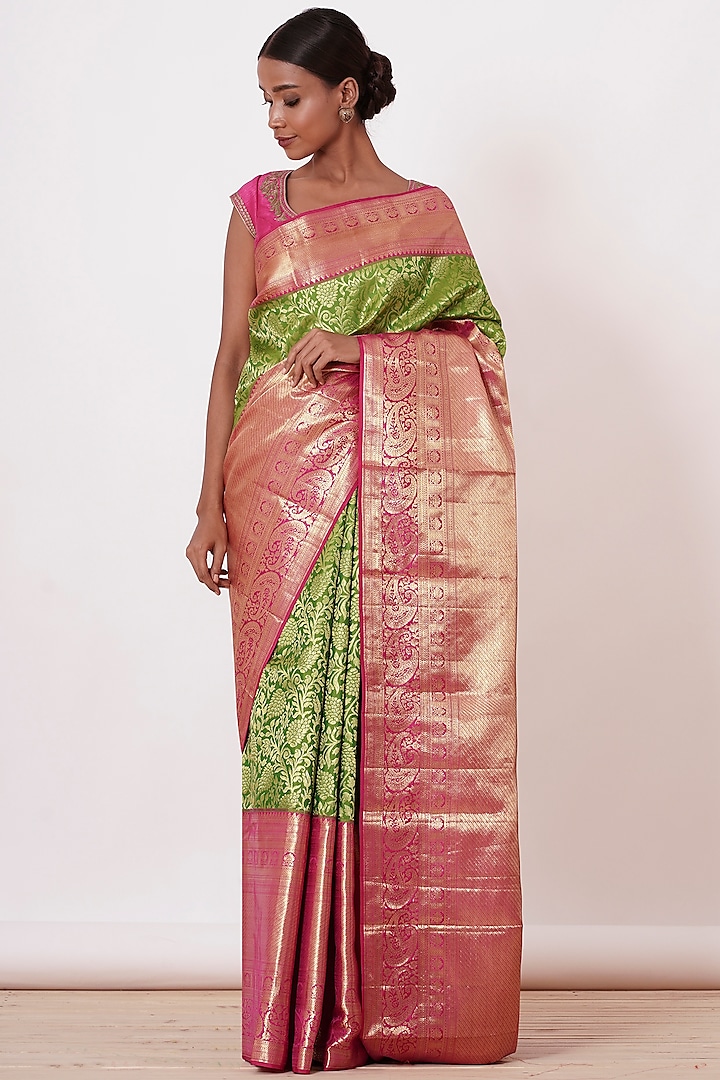 Dusty Lime Silk Embroidered Handwoven Saree Set by Aharin India