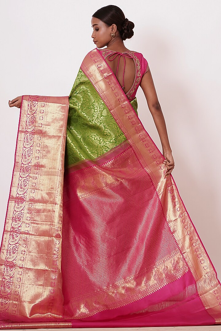 Dusty Lime Silk Embroidered Handwoven Wedding Saree Set by Aharin India at Pernia's Pop Up Shop