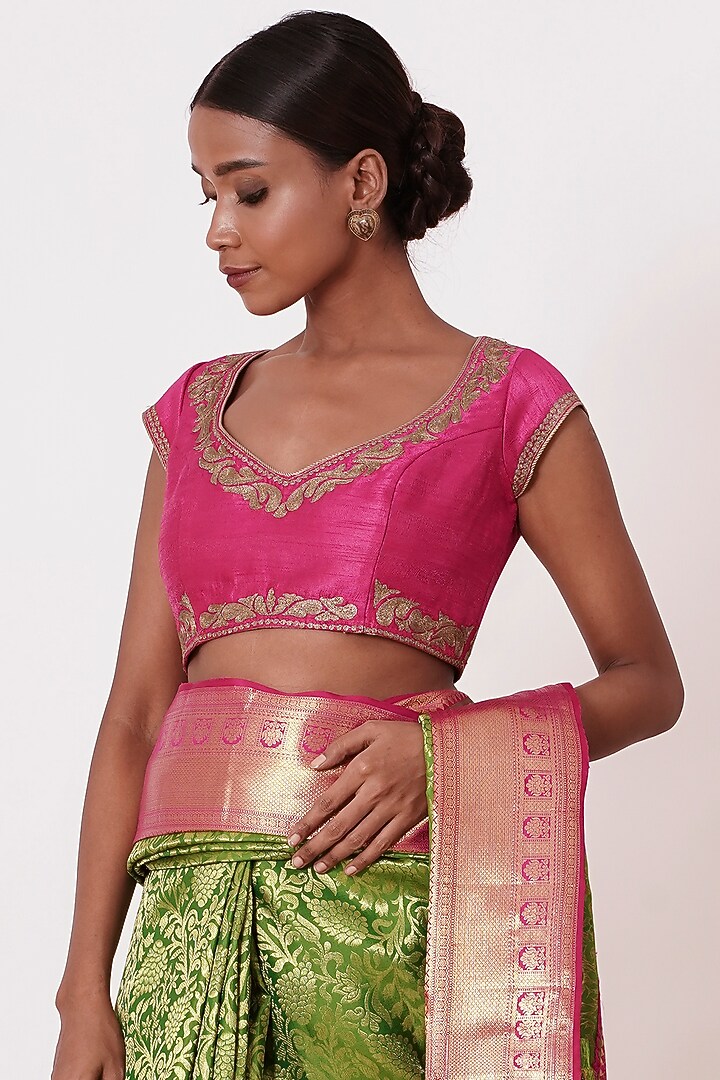 Dusty Lime Silk Embroidered Handwoven Wedding Saree Set by Aharin India at Pernia's Pop Up Shop