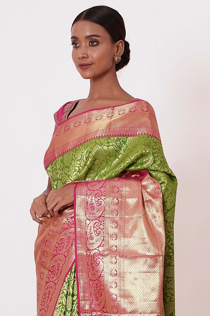 Dusty Lime Silk Embroidered Handwoven Wedding Saree Set by Aharin India at Pernia's Pop Up Shop