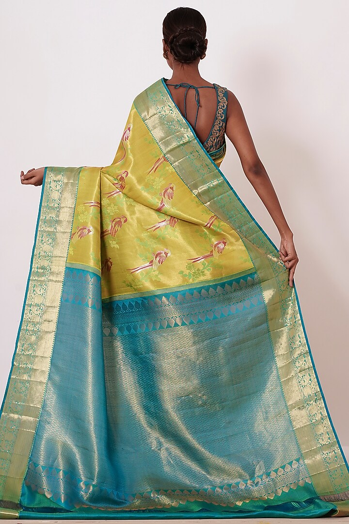 Light Parrot Green Embroidered Handwoven Wedding Saree Set by Aharin India at Pernia's Pop Up Shop