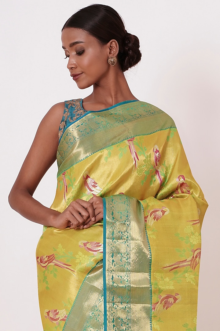 Light Parrot Green Embroidered Handwoven Wedding Saree Set by Aharin India at Pernia's Pop Up Shop
