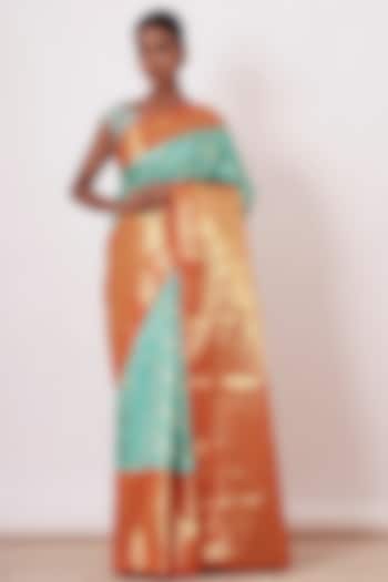 Light Turquoise Pure Dharmavaram Silk Handwoven Saree Set by Aharin India