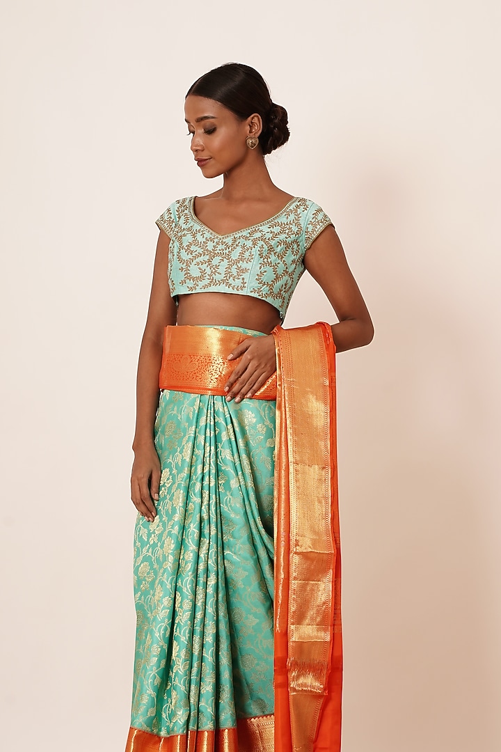 Light Turquoise Pure Dharmavaram Silk Handwoven Wedding Saree Set by Aharin India at Pernia's Pop Up Shop