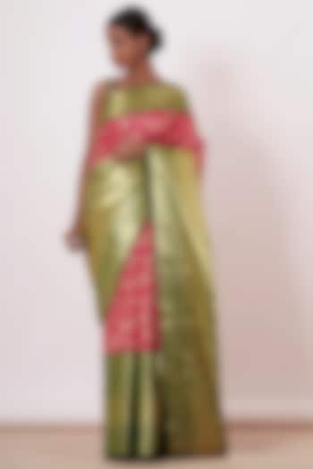 Fuchsia & Olive Green Embroidered Handwoven Saree Set by Aharin India