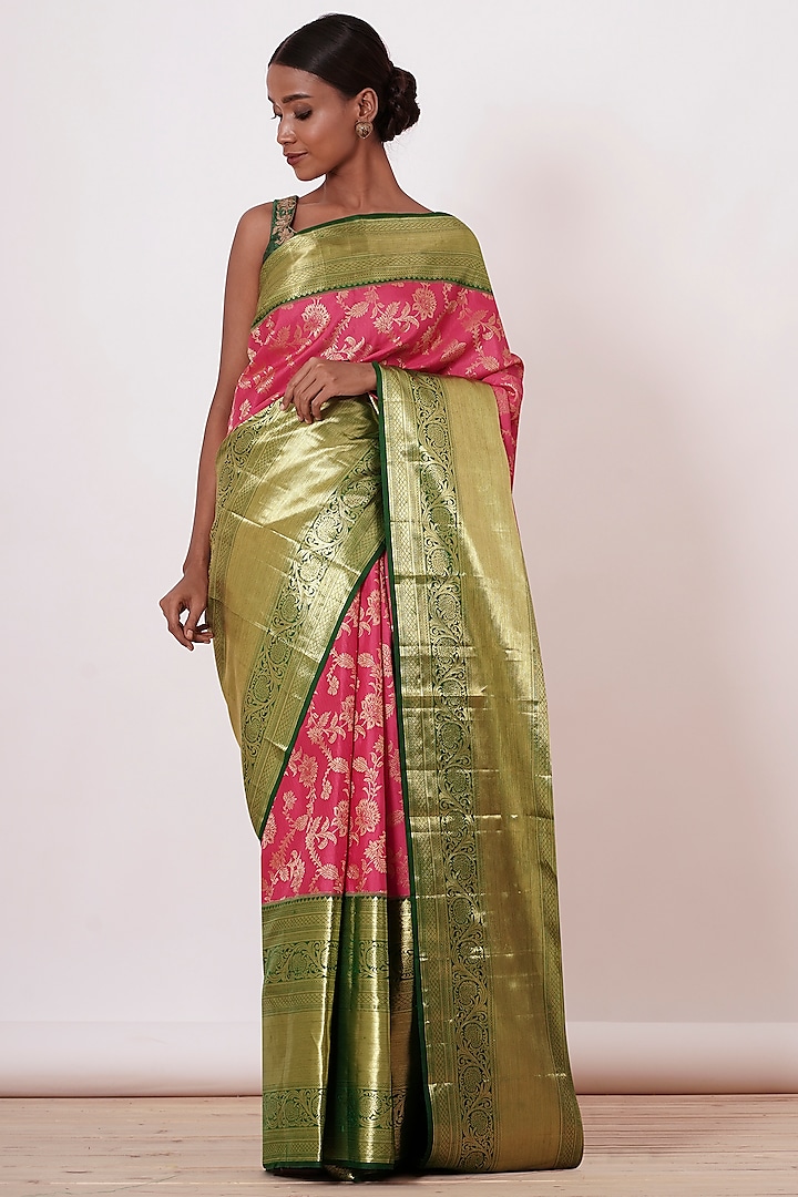 Fuchsia & Olive Green Embroidered Handwoven Saree Set by Aharin India