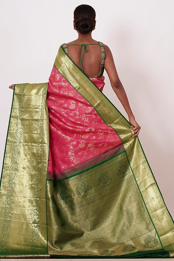 Fuchsia & Olive Green Embroidered Handwoven Wedding Saree Set by Aharin India at Pernia's Pop Up Shop